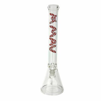 18-inch MAV Golden Red Cali Logo Beaker Bong with gold label, showcasing its sleek design and ice pinch feature, perfect for smooth hits. - Default Title