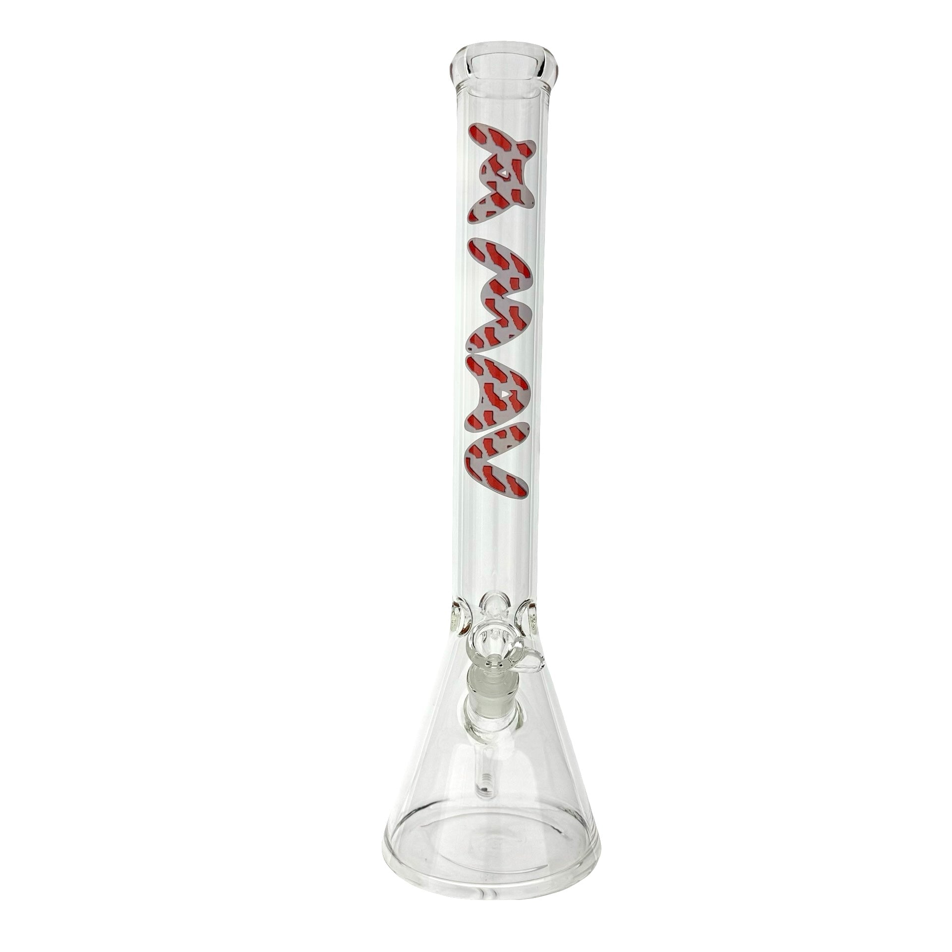 18-inch MAV Golden Red Cali Logo Beaker Bong with gold label, showcasing its sleek design and ice pinch feature, perfect for smooth hits. - Default Title