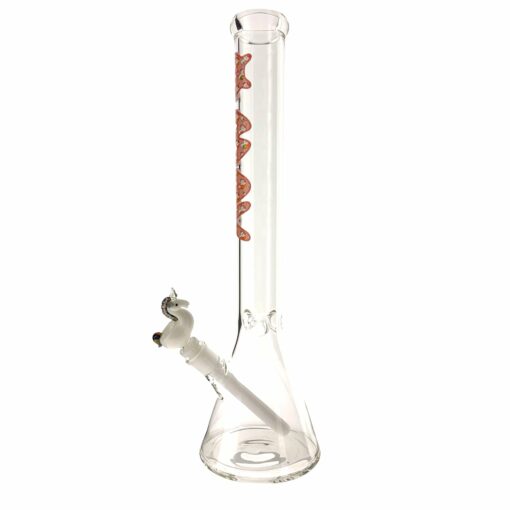 18 inch MAV Unicorn Logo Beaker Bong with a vibrant unicorn bowl by Empire Glassworks, showcasing intricate designs and functional elegance.