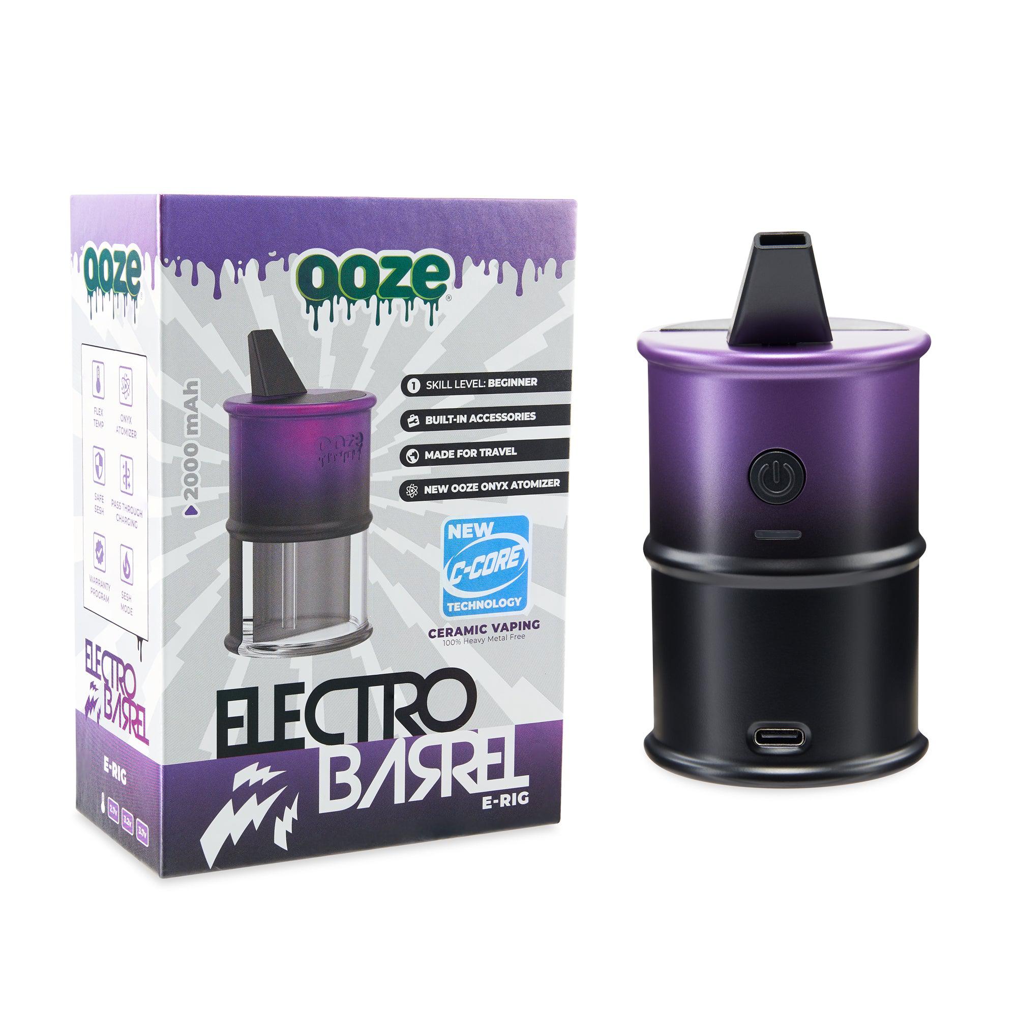 Ooze Electro Barrel E-Rig showcasing its sleek design, removable water bubbler chamber, and Onyx atomizer, perfect for flavorful dabbing.