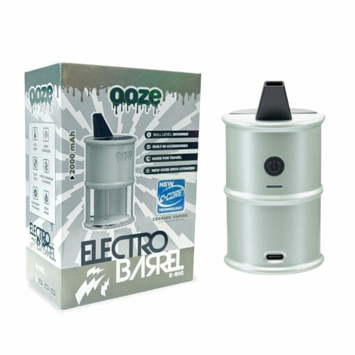 Ooze Electro Barrel E-Rig showcasing its sleek design, removable water bubbler chamber, and Onyx atomizer, perfect for flavorful dabbing.