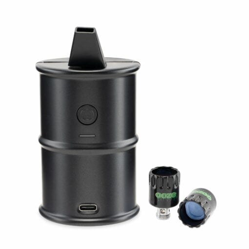 Ooze Electro Barrel E-Rig showcasing its sleek design, removable water bubbler chamber, and Onyx atomizer, perfect for flavorful dabbing.