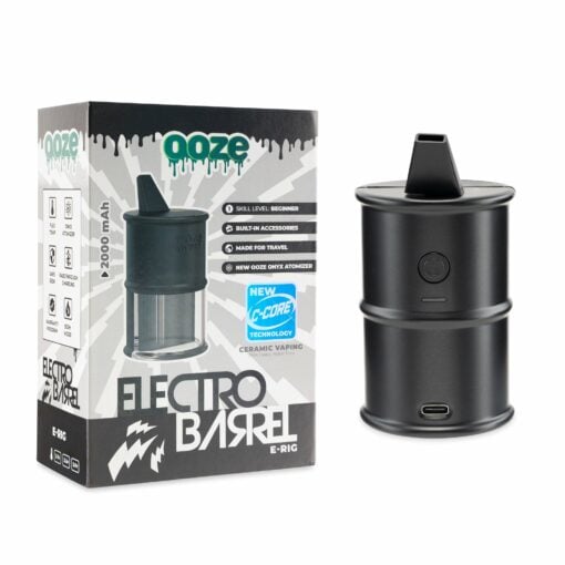 Ooze Electro Barrel E-Rig showcasing its sleek design, removable water bubbler chamber, and Onyx atomizer, perfect for flavorful dabbing.