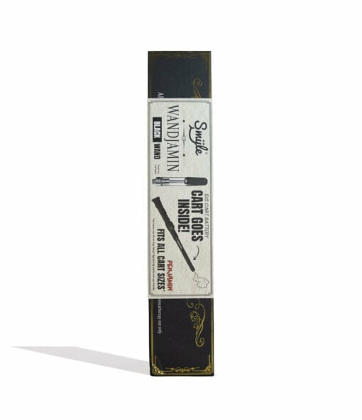 Smyle Wandjamin Variable Voltage Battery with gnarled handle and LED tip, designed for 1G cartridges, in a padded box reminiscent of Ollivanders.