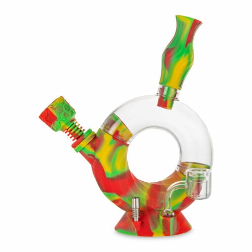 Ooze Ozone 4-in-1 Hybrid Silicone & Glass Water Pipe showcasing clear glass chamber and colorful silicone exterior, perfect for versatile smoking sessions.