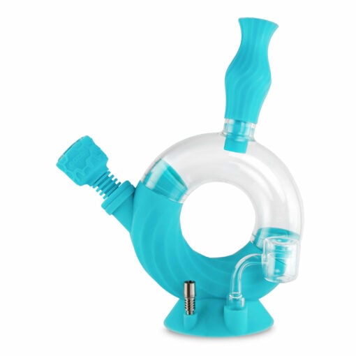 Ooze Ozone 4-in-1 Hybrid Silicone & Glass Water Pipe showcasing clear glass chamber and colorful silicone exterior, perfect for versatile smoking sessions.