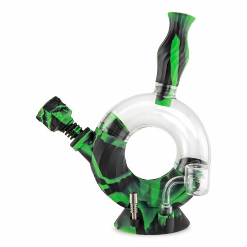 Ooze Ozone 4-in-1 Hybrid Silicone & Glass Water Pipe showcasing clear glass chamber and colorful silicone exterior, perfect for versatile smoking sessions.