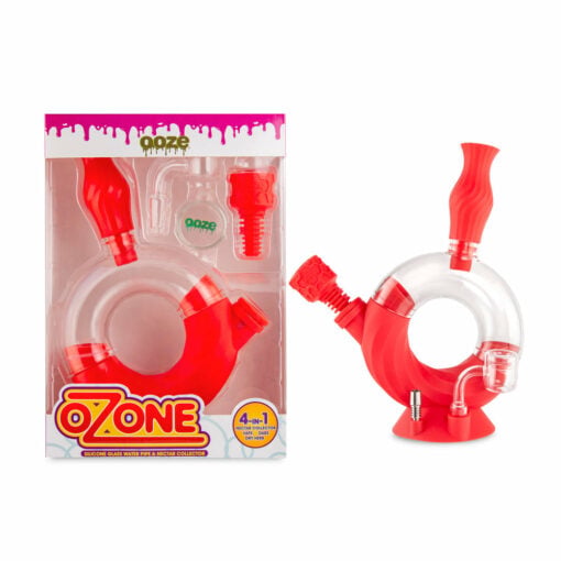 Ooze Ozone 4-in-1 Hybrid Silicone & Glass Water Pipe showcasing clear glass chamber and colorful silicone exterior, perfect for versatile smoking sessions.