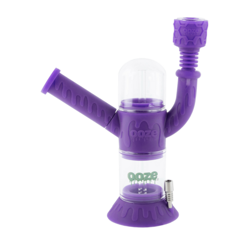 Ooze Cranium 4-in-1 Hybrid Silicone & Glass Water Pipe featuring a striking skull design, showcasing its multifunctional capabilities for enjoying flower and concentrates, perfect for cannabis enthusiasts seeking both style and versatility, available at Cannabox.