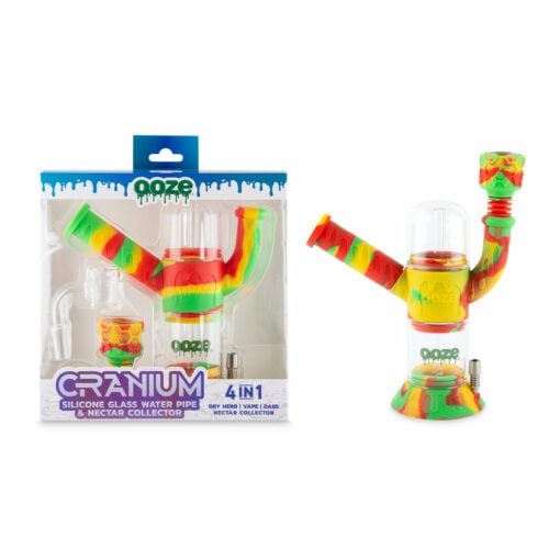Ooze Cranium 4-in-1 Hybrid Silicone & Glass Water Pipe featuring a striking skull design, showcasing its multifunctional capabilities for enjoying flower and concentrates, perfect for cannabis enthusiasts seeking both style and versatility, available at Cannabox.