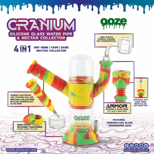 Ooze Cranium 4-in-1 Hybrid Silicone & Glass Water Pipe featuring a striking skull design, showcasing its multifunctional capabilities for enjoying flower and concentrates, perfect for cannabis enthusiasts seeking both style and versatility, available at Cannabox.