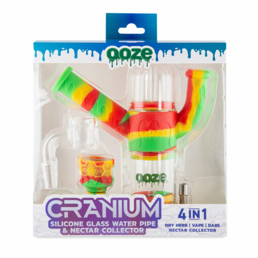 Ooze Cranium 4-in-1 Hybrid Silicone & Glass Water Pipe featuring a striking skull design, showcasing its multifunctional capabilities for enjoying flower and concentrates, perfect for cannabis enthusiasts seeking both style and versatility, available at Cannabox.