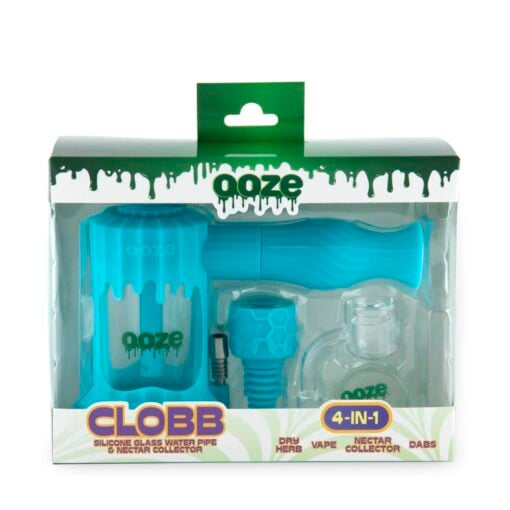 Ooze Clobb 4-in-1 Hybrid Silicone & Glass Water Pipe, featuring a sleek and modern design that combines functionality with aesthetics. This versatile piece allows for seamless transitions between flower, concentrates, and dab straw use, showcasing a unique blend of durable silicone and elegant glass. Perfect for upscale cannabis culture enthusiasts, available at Cannabox.
