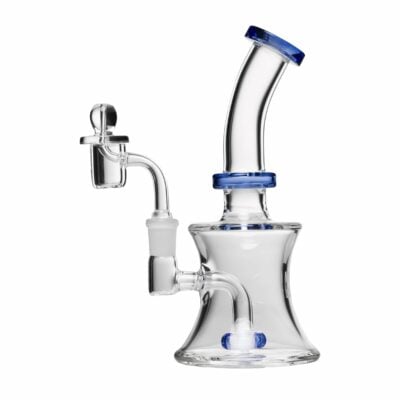 Human Grade 8-inch Oil Can Rig made from 100% borosilicate glass, showcasing its sleek design and functional aesthetics, perfect for enhancing your smoking experience. Available at Cannabox. - Clear with Light Blue Accents