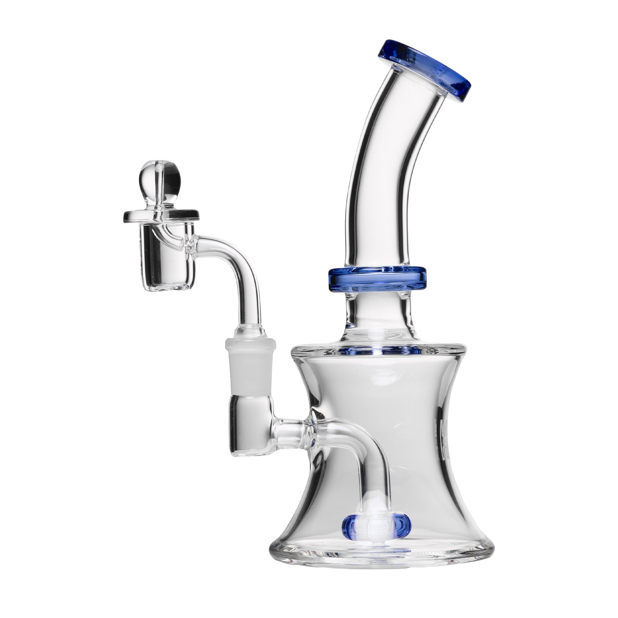 Human Grade 8-inch Oil Can Rig made from 100% borosilicate glass, showcasing its sleek design and functional aesthetics, perfect for enhancing your smoking experience. Available at Cannabox. - Clear with Light Blue Accents