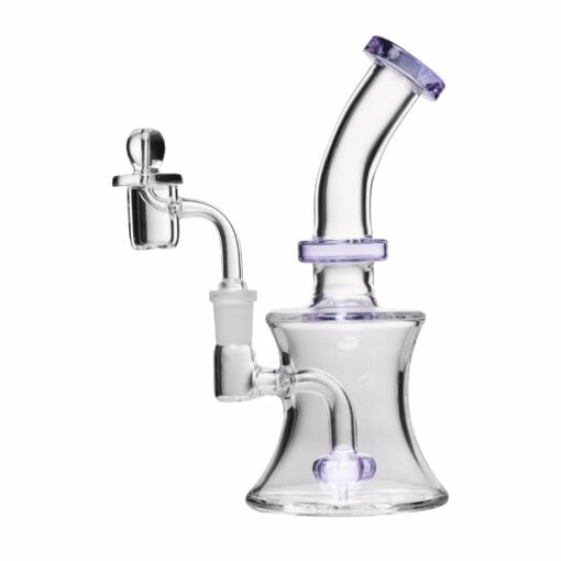 Human Grade 8-inch Oil Can Rig made from 100% borosilicate glass, showcasing its sleek design and functional aesthetics, perfect for enhancing your smoking experience. Available at Cannabox. - Clear with Lavender Accents