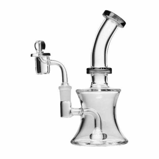 Human Grade 8-inch Oil Can Rig made from 100% borosilicate glass, showcasing its sleek design and functional aesthetics, perfect for enhancing your smoking experience. Available at Cannabox. - Clear with Smoke Accents