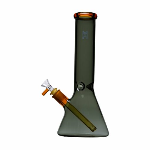 A beautifully handcrafted 12-inch beaker water pipe by Human Grade, showcasing its sleek design and durable construction. The glass pipe features a wide base for stability and a smooth neck for comfortable use, making it an essential addition to any cannabis enthusiast's collection. Ideal for enhancing the smoking experience with both functionality and aesthetic appeal, this piece is perfect for those who appreciate upscale cannabis culture. Available at Cannabox. - Smoke with Fume
