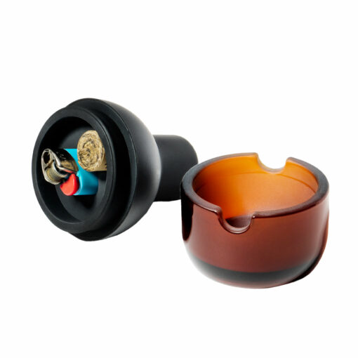 NWTN Home Beacon Lighter Ashtray featuring a sleek glass base with frosted interior and powder-coated metal lid with silicone core, ideal for indoor and outdoor use.