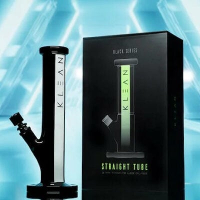 KLEAN Black Series Straight Tube water pipe showcasing its 9mm thick borosilicate glass, ice-catcher, and signature glow in the dark stripe. - Default Title
