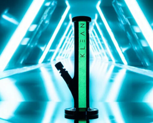 KLEAN Black Series Straight Tube water pipe showcasing its 9mm thick borosilicate glass, ice-catcher, and signature glow in the dark stripe.