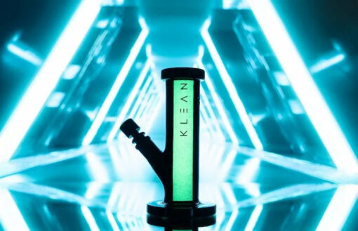 KLEAN Black Series Mini Straight water pipe featuring a unique glow in the dark stripe, 8 inches tall, made from 9mm thick borosilicate glass.