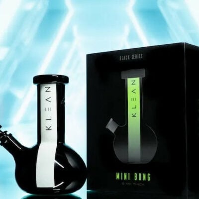 KLEAN Black Series Mini Bong showcasing its round bottom design, 8-inch height, and signature glow-in-the-dark stripe, made from 9mm thick borosilicate glass. - Default Title