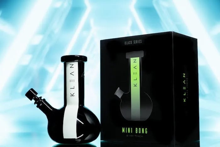 KLEAN Black Series Mini Bong showcasing its round bottom design, 8-inch height, and signature glow-in-the-dark stripe, made from 9mm thick borosilicate glass. - Default Title