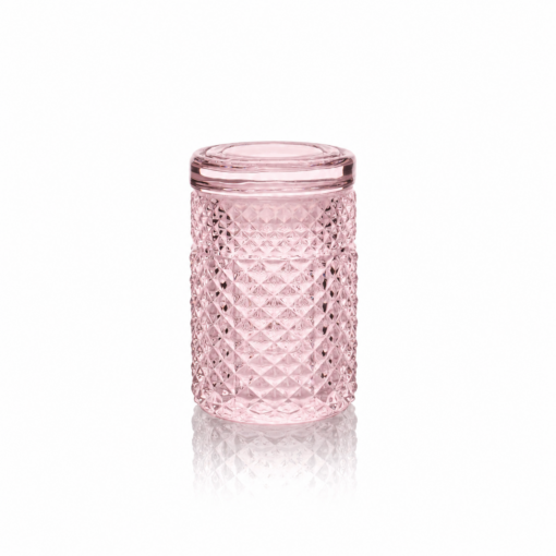 Twenties Collection Jar in pink, made from 100% borosilicate glass with a silicone-sealed lid, designed for airtight storage and stylish display.