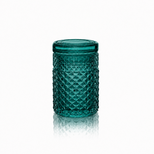Stylish teal Twenties Collection Jar by Jane West made from 100% borosilicate glass with a silicone-sealed lid, designed for optimal storage.