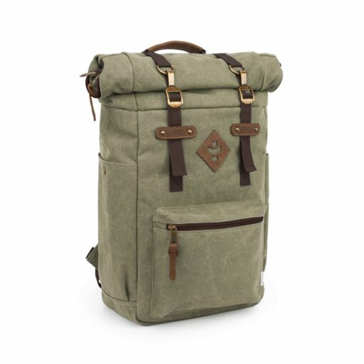The Drifter rolltop backpack featuring a sleek design, smell-proof technology, and water-resistant materials, ideal for everyday smokers on the go.
