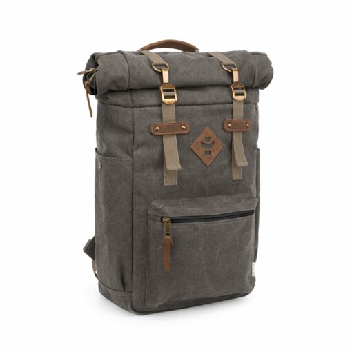 The Drifter rolltop backpack featuring a sleek design, smell-proof technology, and water-resistant materials, ideal for everyday smokers on the go.