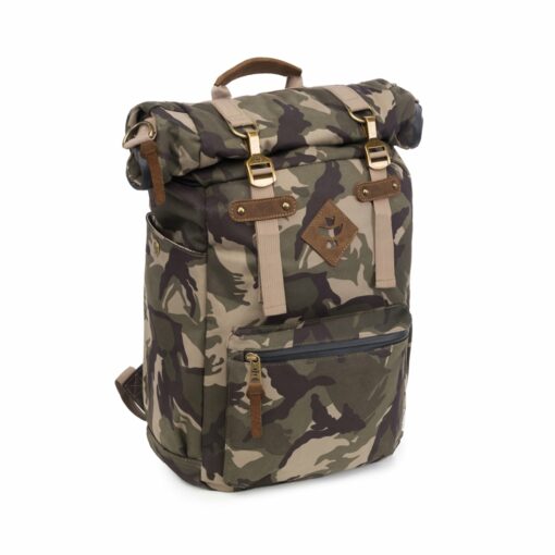 The Drifter rolltop backpack featuring a sleek design, smell-proof technology, and water-resistant materials, ideal for everyday smokers on the go.