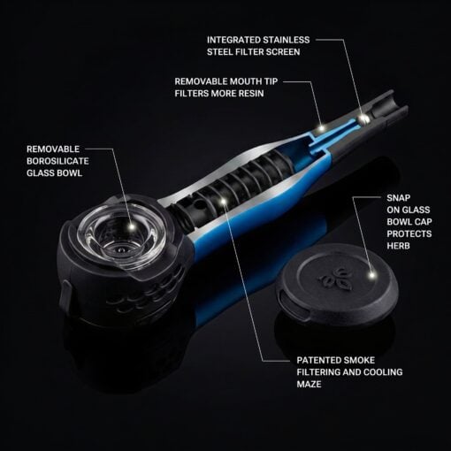 The Maze-X Pipe by Weedgets, a sleek and innovative waterless smoking device designed for everyday smokers, featuring a unique maze-like internal structure that cools and filters smoke for a smoother, cleaner hit. Ideal for enhancing your smoking experience with functional aesthetics, this pipe showcases a modern design perfect for any collection, available at Cannabox.