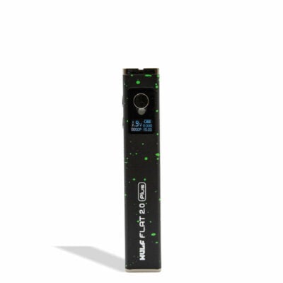 Wulf Mods Flat Mini 510 Thread Battery showcasing its sleek design, USB-C charging port, and vibrant LED indicators for temperature settings. - Black-Green Spatter