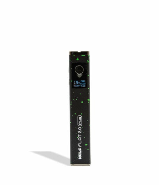 Wulf Mods Flat Plus 2.0 510 Thread Battery in sleek black design, showcasing its compact form and adjustable voltage settings, ideal for enhancing your vaping experience. This powerful 900mAh battery is a must-have for everyday smokers, available at Cannabox. - Black-Green Spatter