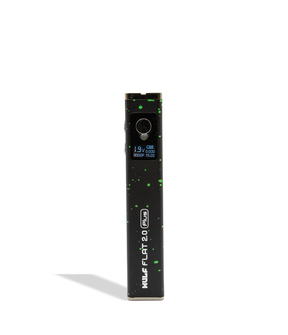 Wulf Mods Flat Plus 2.0 510 Thread Battery in sleek black design, showcasing its compact form and adjustable voltage settings, ideal for enhancing your vaping experience. This powerful 900mAh battery is a must-have for everyday smokers, available at Cannabox. - Black-Green Spatter