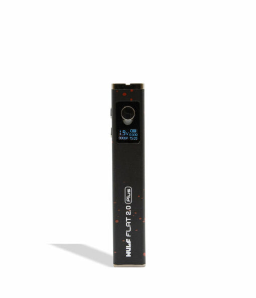 Wulf Mods Flat Plus 2.0 510 Thread Battery in sleek black design, showcasing its compact form and adjustable voltage settings, ideal for enhancing your vaping experience. This powerful 900mAh battery is a must-have for everyday smokers, available at Cannabox. - Black-Red Spatter