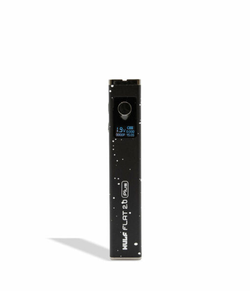 Wulf Mods Flat Plus 2.0 510 Thread Battery in sleek black design, showcasing its compact form and adjustable voltage settings, ideal for enhancing your vaping experience. This powerful 900mAh battery is a must-have for everyday smokers, available at Cannabox. - Black-White Spatter