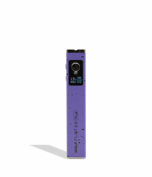 Wulf Mods Flat Plus 2.0 510 Thread Battery in sleek black design, showcasing its compact form and adjustable voltage settings, ideal for enhancing your vaping experience. This powerful 900mAh battery is a must-have for everyday smokers, available at Cannabox. - Purple-Black Spatter