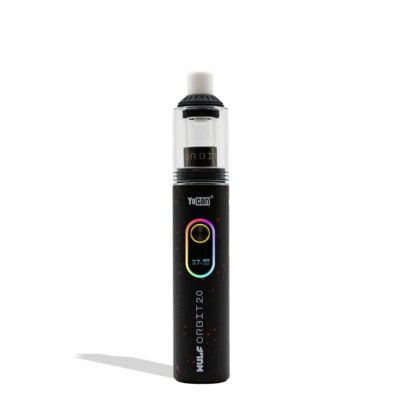 Wulf Mods Orbit 2.0 Concentrate Vaporizer showcasing its glass dome, ceramic mouthpiece, and vibrant color options, designed for optimal vaporization. - Black-Red Spatter