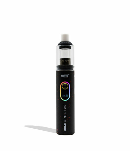 Wulf Mods Orbit 2.0 Concentrate Vaporizer showcasing its glass dome, ceramic mouthpiece, and vibrant color options, designed for optimal vaporization. - Black-Red Spatter