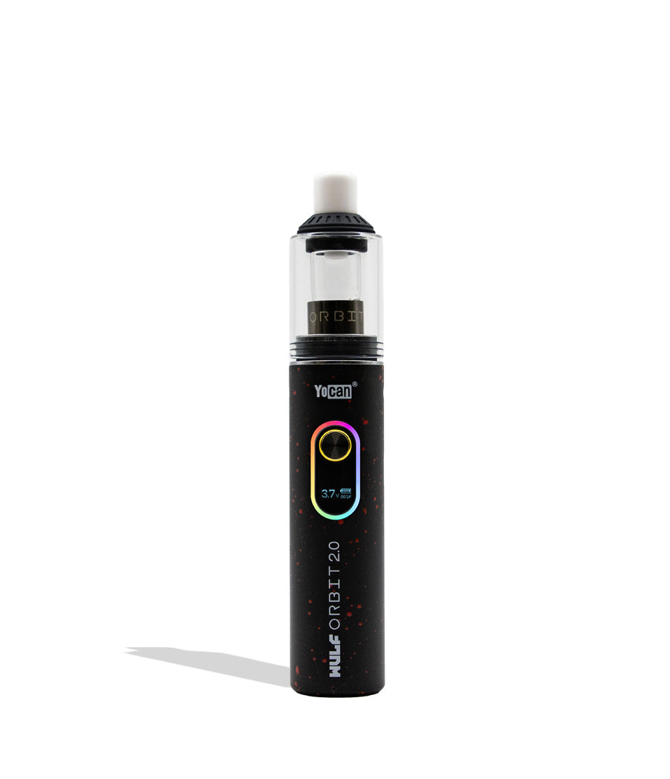 Wulf Mods Orbit 2.0 Concentrate Vaporizer showcasing its glass dome, ceramic mouthpiece, and vibrant color options, designed for optimal vaporization. - Black-Red Spatter