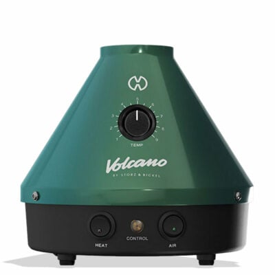 The Storz & Bickel Classic Volcano Vaporizer Evergreen Edition, featuring a sleek and modern design with a vibrant green finish, is showcased against a stylish backdrop. This premium vaporizer is designed for both dry herbs and concentrates, highlighting its versatility and functional aesthetics, perfect for everyday smokers seeking an elevated vaping experience from Cannabox. - Default Title