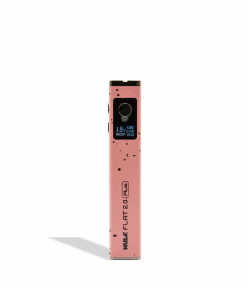 Wulf Mods Flat Plus 2.0 510 Thread Battery in sleek black design, showcasing its compact form and adjustable voltage settings, ideal for enhancing your vaping experience. This powerful 900mAh battery is a must-have for everyday smokers, available at Cannabox. - Pink-Black Spatter