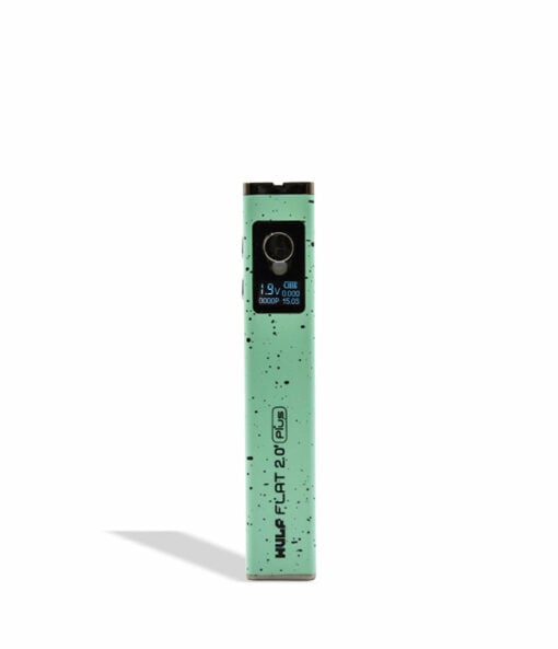 Wulf Mods Flat Plus 2.0 510 Thread Battery in sleek black design, showcasing its compact form and adjustable voltage settings, ideal for enhancing your vaping experience. This powerful 900mAh battery is a must-have for everyday smokers, available at Cannabox. - Teal-Black Spatter