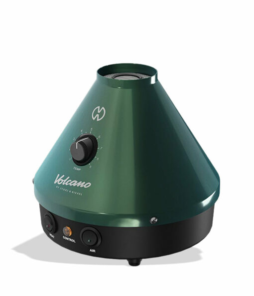 The Storz & Bickel Classic Volcano Vaporizer Evergreen Edition, featuring a sleek and modern design with a vibrant green finish, is showcased against a stylish backdrop. This premium vaporizer is designed for both dry herbs and concentrates, highlighting its versatility and functional aesthetics, perfect for everyday smokers seeking an elevated vaping experience from Cannabox.