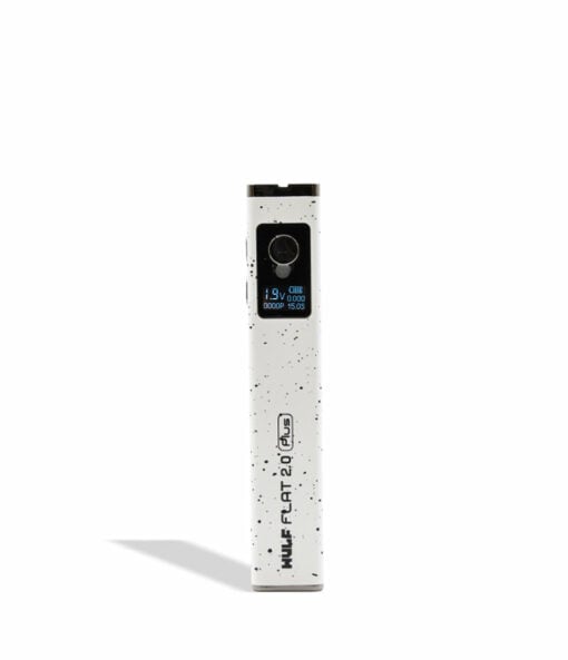 Wulf Mods Flat Plus 2.0 510 Thread Battery in sleek black design, showcasing its compact form and adjustable voltage settings, ideal for enhancing your vaping experience. This powerful 900mAh battery is a must-have for everyday smokers, available at Cannabox. - White-Black Spatter