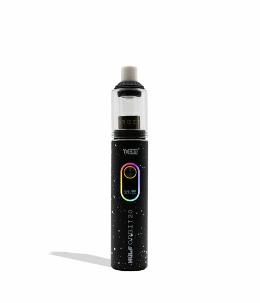 Wulf Mods Orbit 2.0 Concentrate Vaporizer showcasing its glass dome, ceramic mouthpiece, and vibrant color options, designed for optimal vaporization. - Black-White Spatter