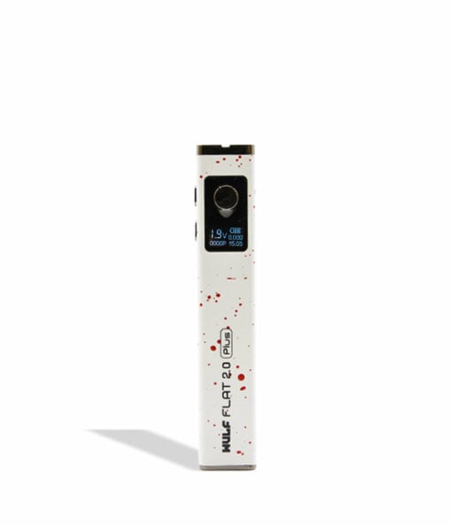 Wulf Mods Flat Plus 2.0 510 Thread Battery in sleek black design, showcasing its compact form and adjustable voltage settings, ideal for enhancing your vaping experience. This powerful 900mAh battery is a must-have for everyday smokers, available at Cannabox. - White-Red Spatter